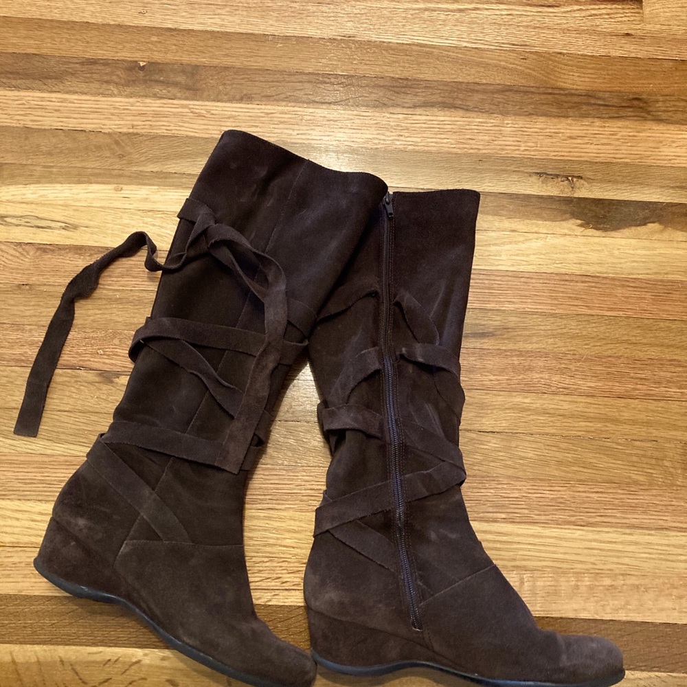 Brown Suede Knee High Boots with Ties